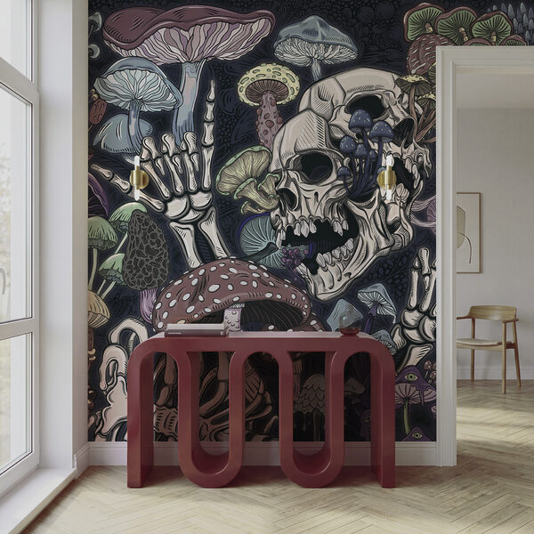 Skeleton and mushrooms with a hand Skeleton and mushrooms with a hand