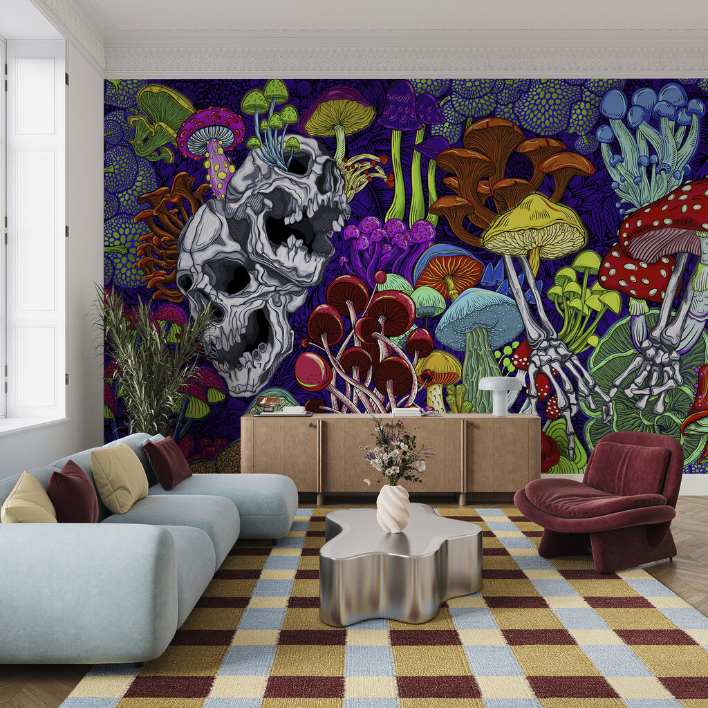 Colorful art of mushrooms and skulls Colorful art of mushrooms and skulls