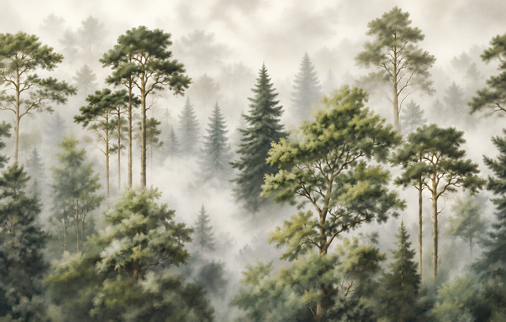Foggy forest with trees