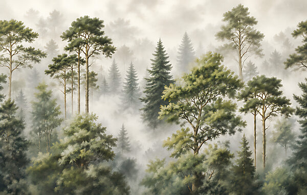 Foggy forest with trees