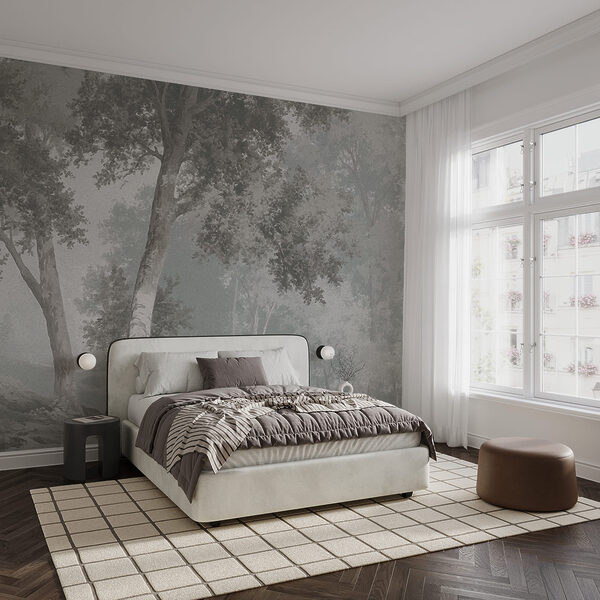 Grey and white landscape with trees and a river Grey and white landscape with trees and a river