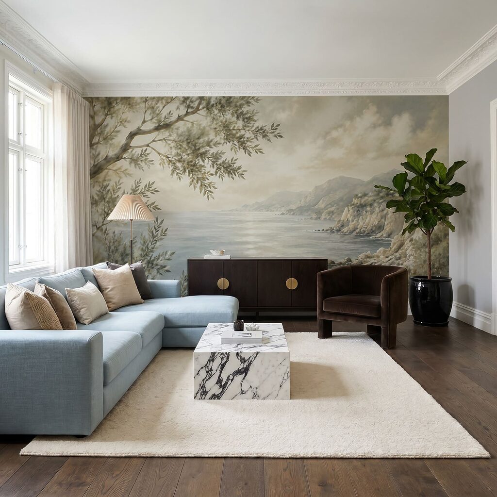 Painting of a body of water and a tree