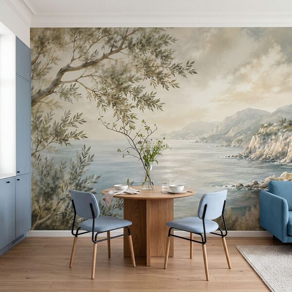 Painting of a body of water and a tree