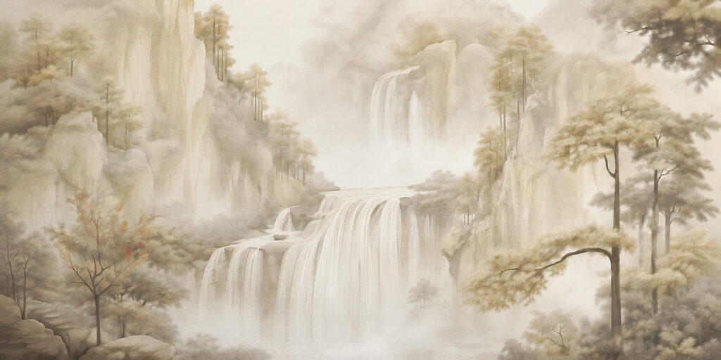 Waterfall in a foggy landscape
