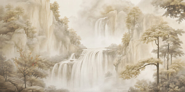 Waterfall in a foggy landscape