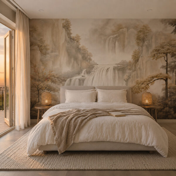 Wall mural Waterfall in a foggy landscape (SKU: t00902) Wall mural Wall mural Waterfall in a foggy landscape (SKU: t00902)