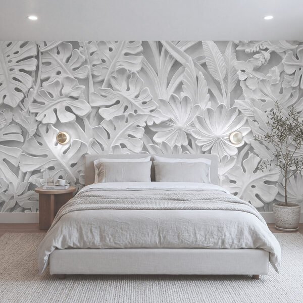 Wall mural White wall with flowers and leaves (SKU: t00884) Wall mural Wall mural White wall with flowers and leaves (SKU: t00884)
