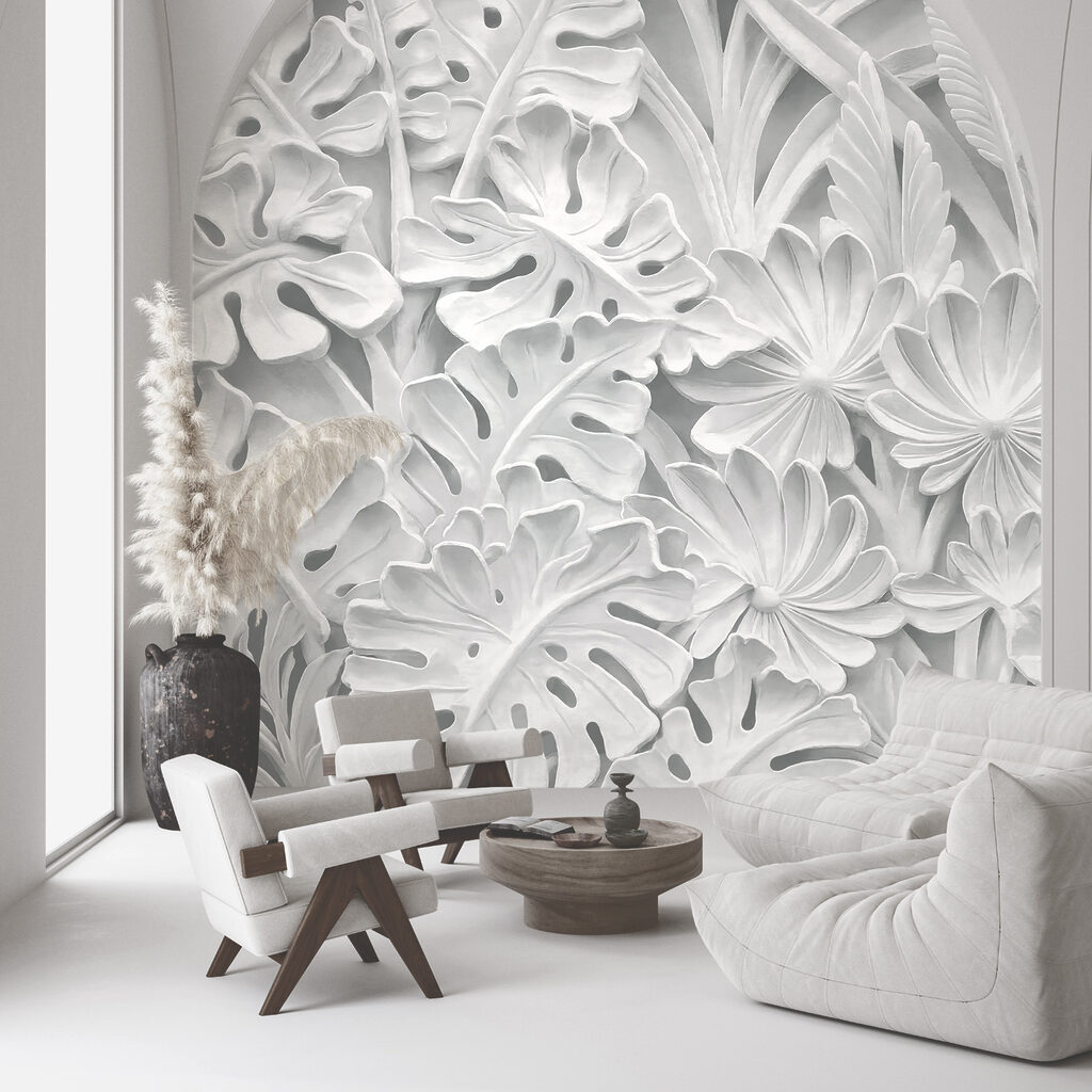 White wall with flowers and leaves White wall with flowers and leaves