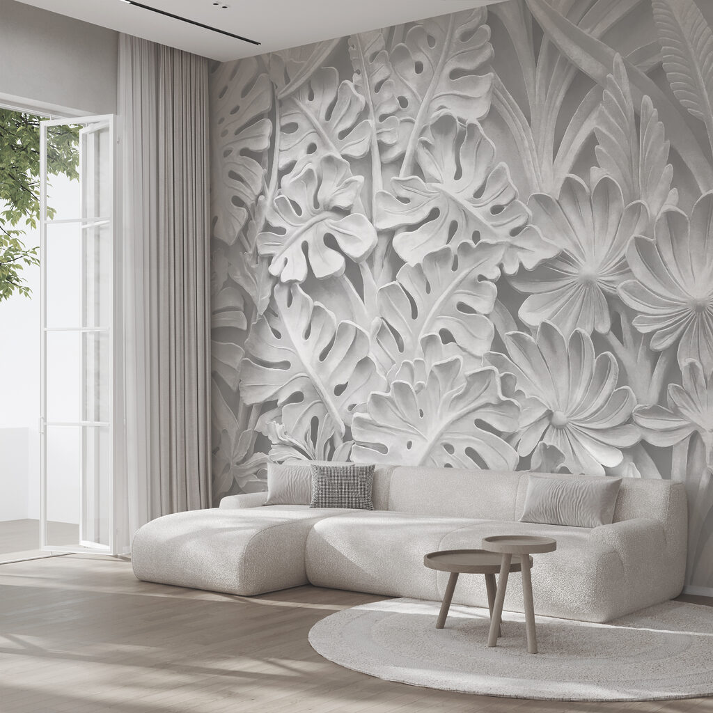 White wall with flowers and leaves White wall with flowers and leaves