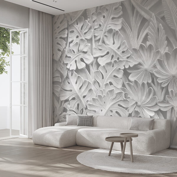 White wall with flowers and leaves White wall with flowers and leaves