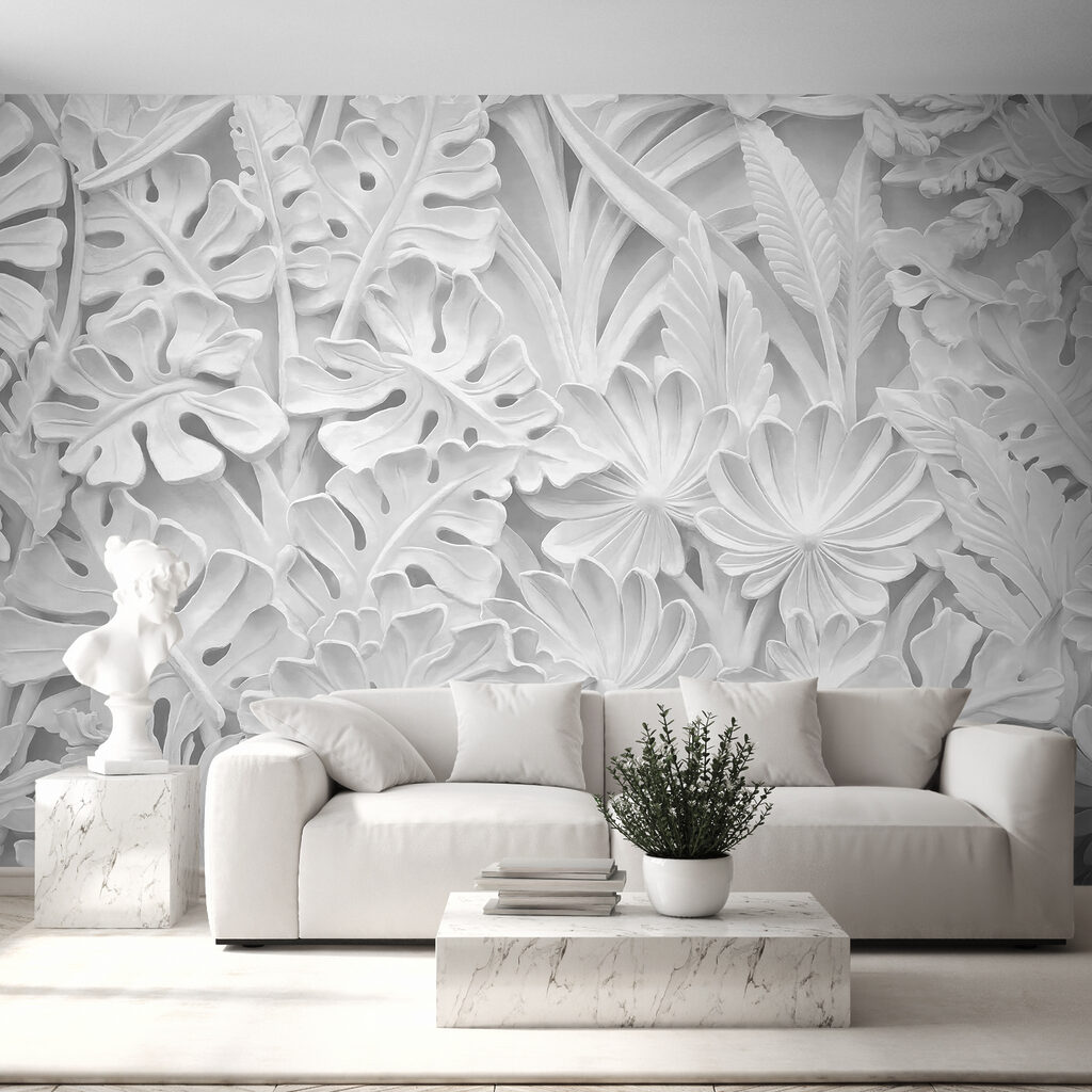 White wall with flowers and leaves White wall with flowers and leaves