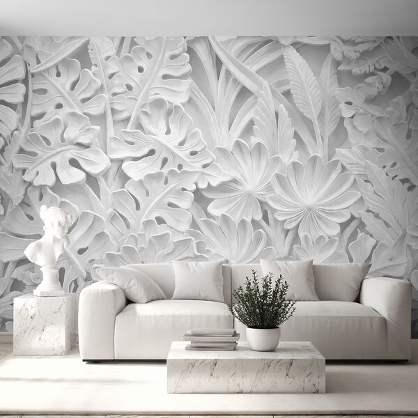 White wall with flowers and leaves White wall with flowers and leaves