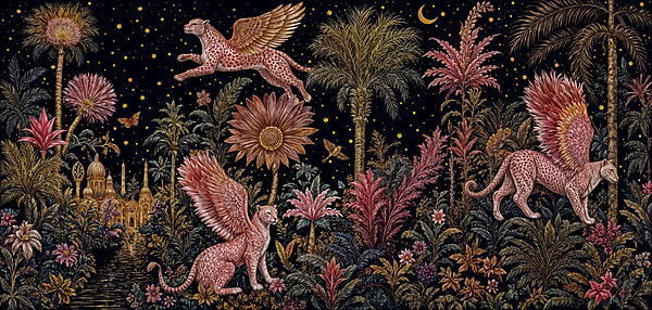 Painting of a cat and leopard with wings and flowers Painting of a cat and leopard with wings and flowers
