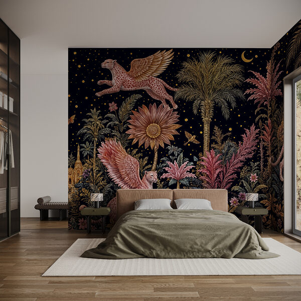 Painting of a cat and leopard with wings and flowers Painting of a cat and leopard with wings and flowers