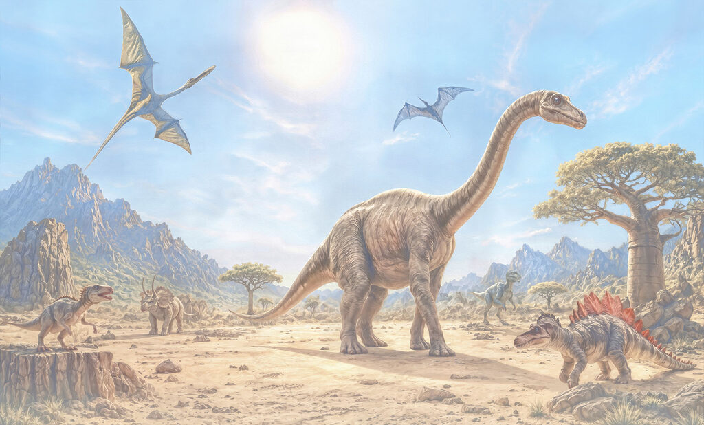 Group of dinosaurs in a desert