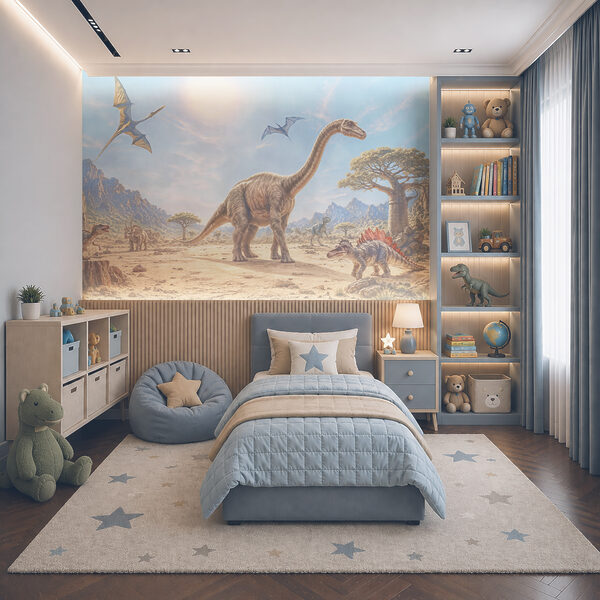 Group of dinosaurs in a desert