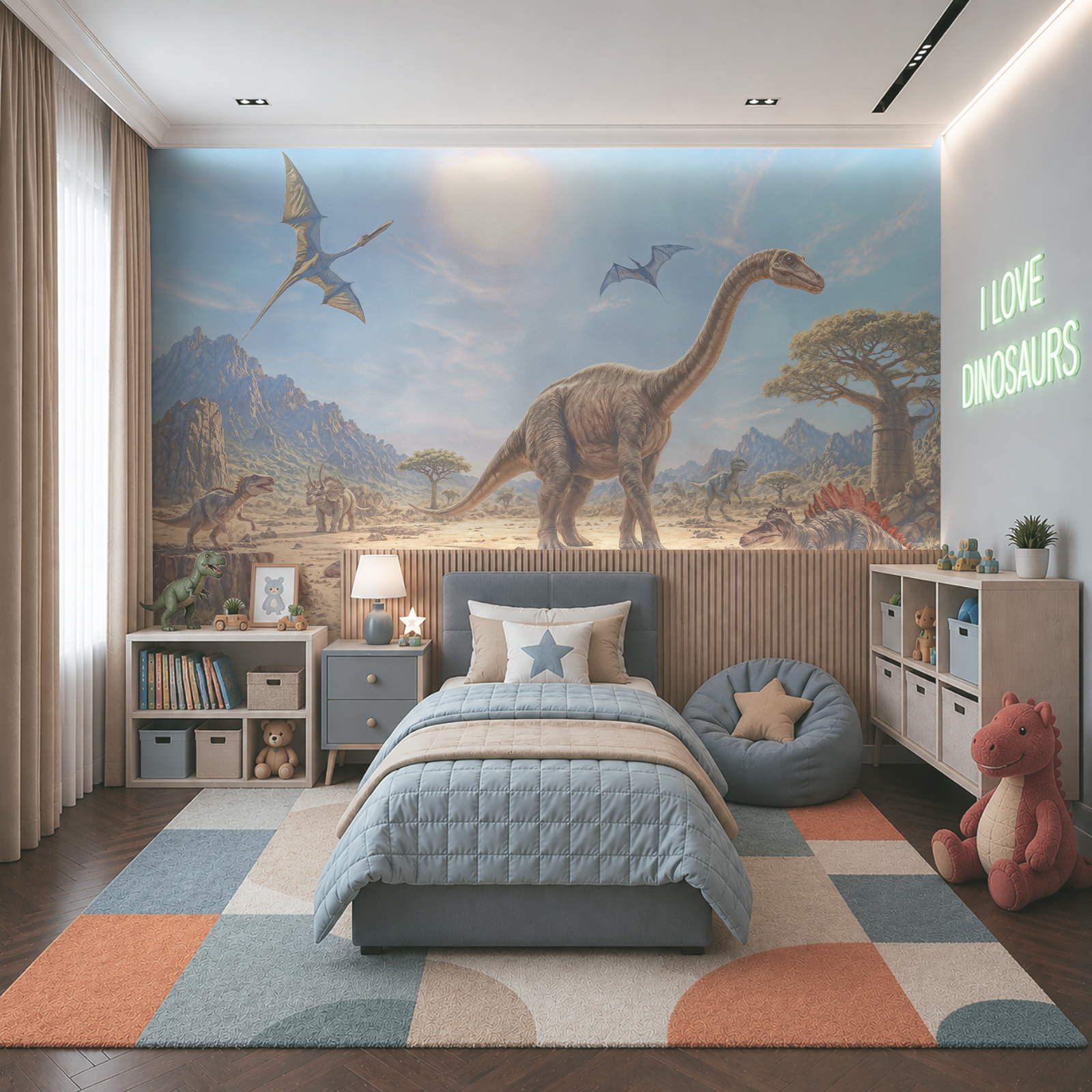 Group of dinosaurs in a desert