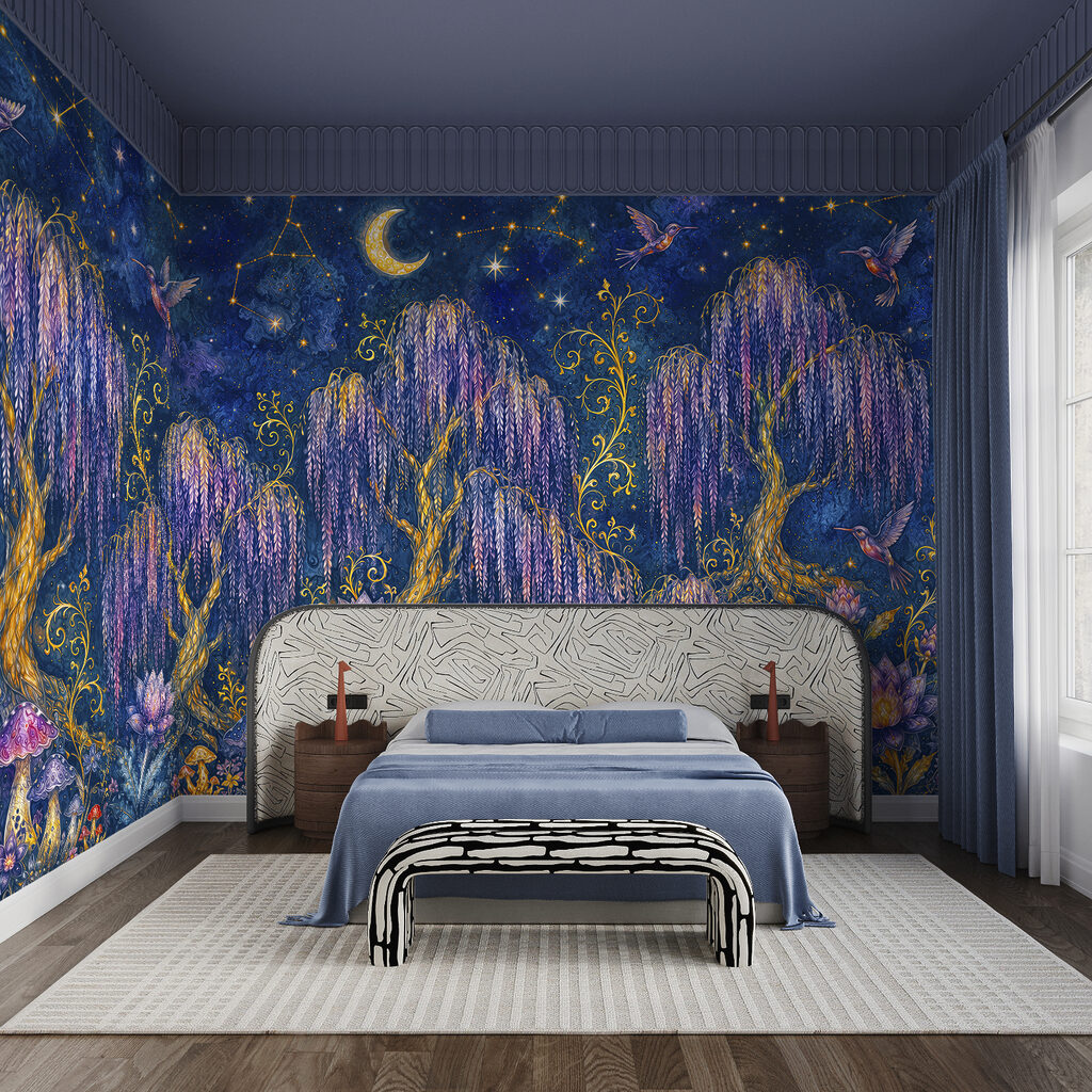Painting of a forest with birds and flowers