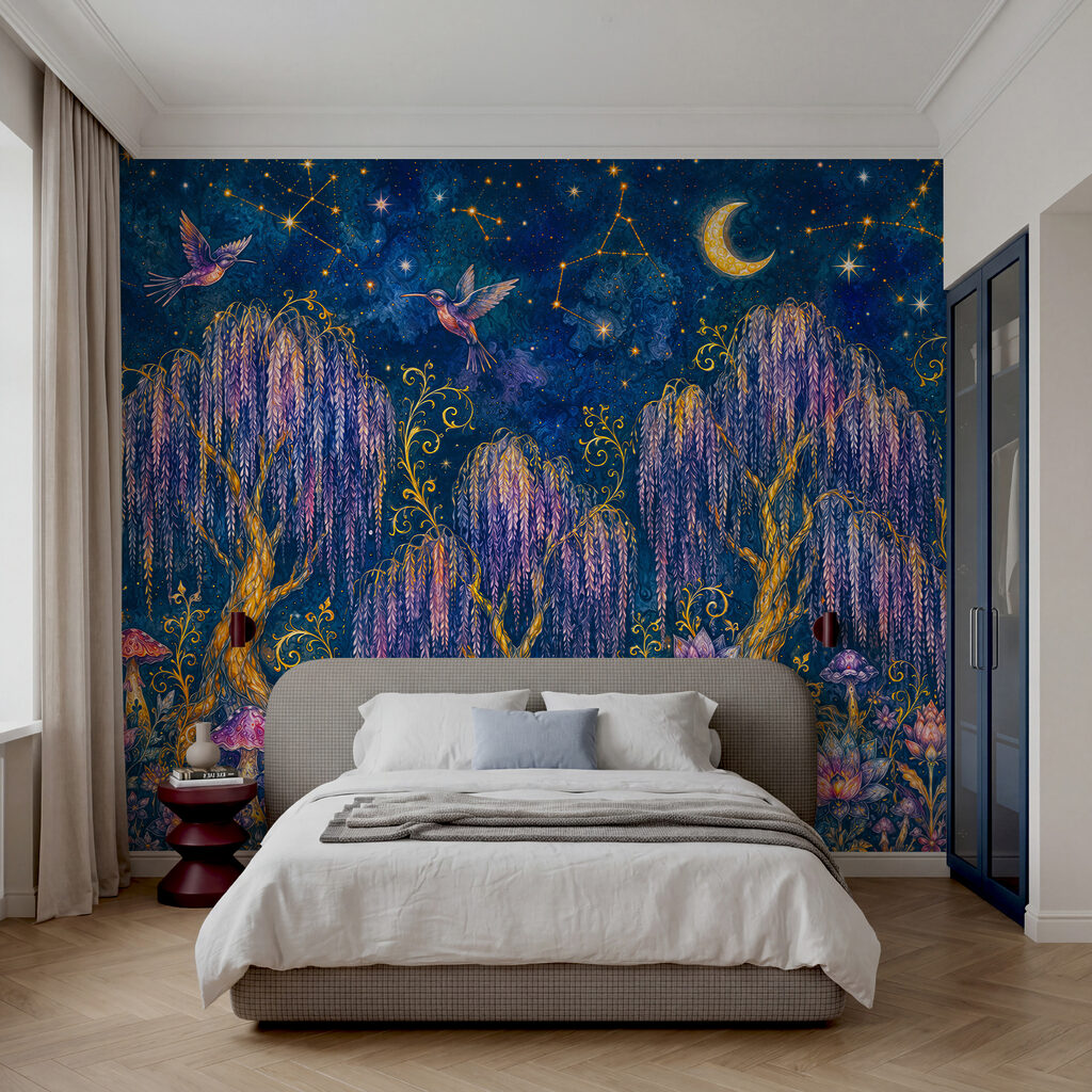 Painting of a forest with birds and flowers