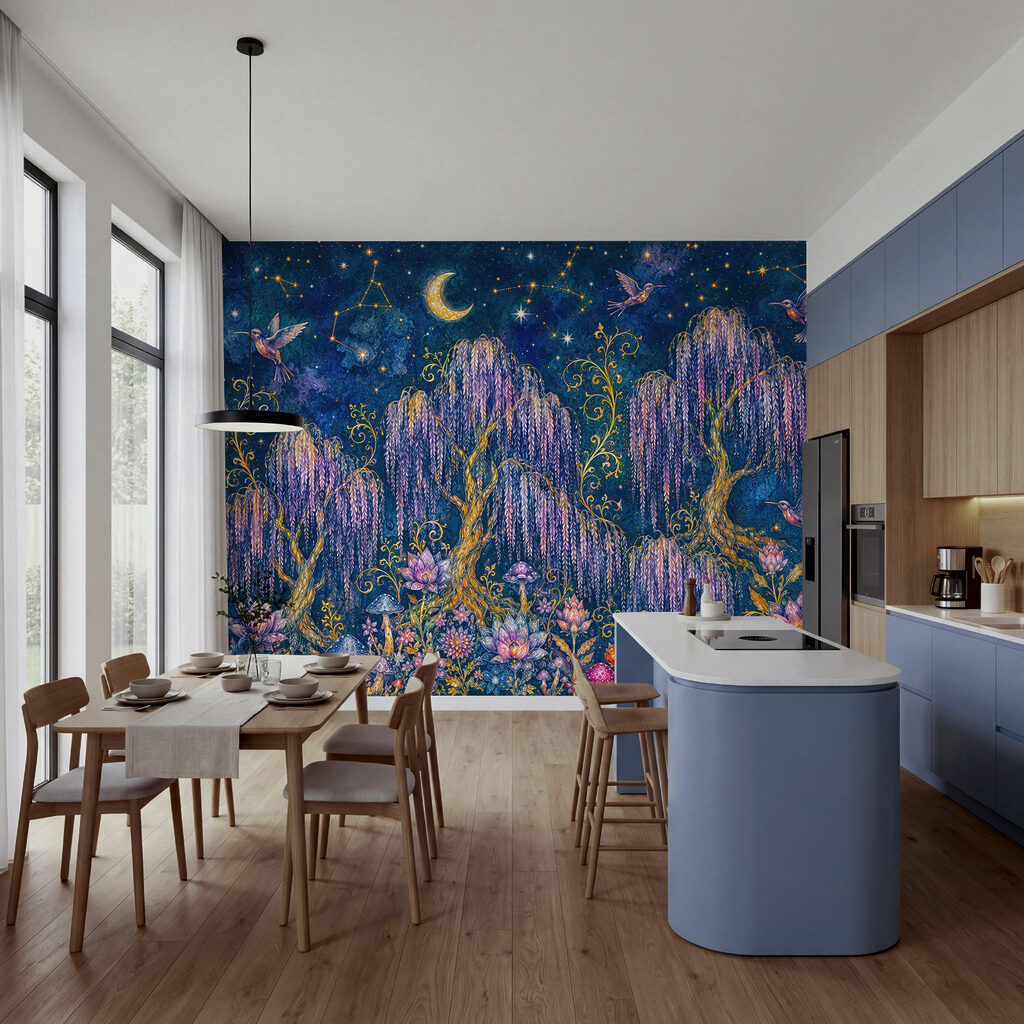 Painting of a forest with birds and flowers