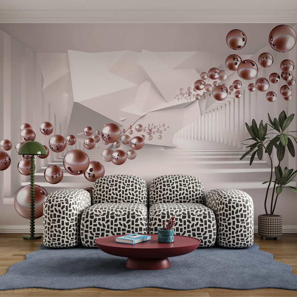 White room with pink balls White room with pink balls