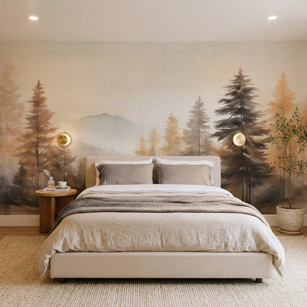Painting of trees in a foggy forest