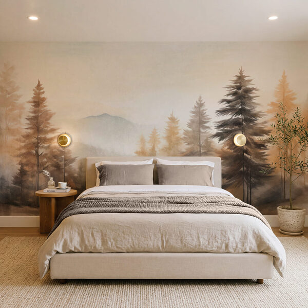 Painting of trees in a foggy forest