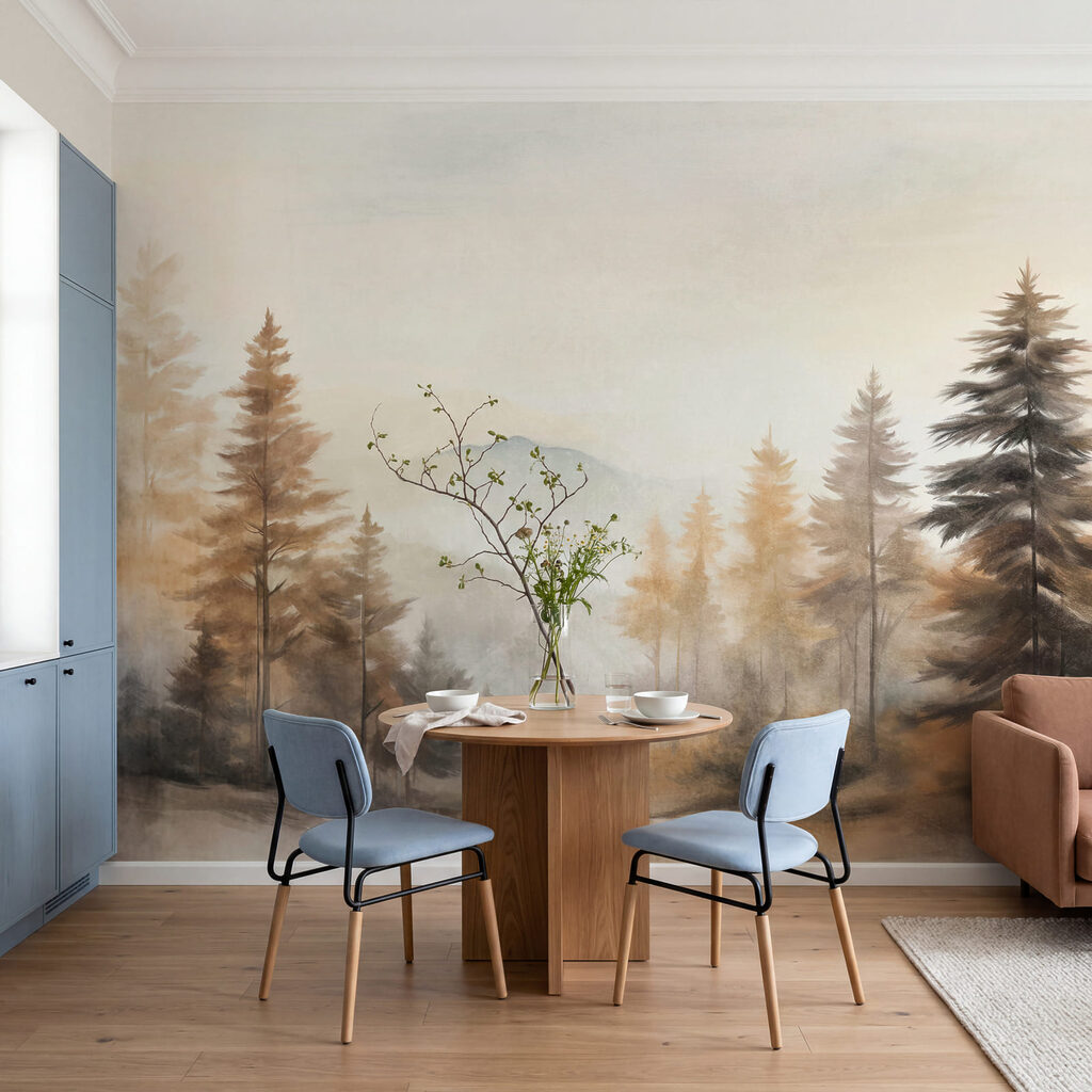 Painting of trees in a foggy forest
