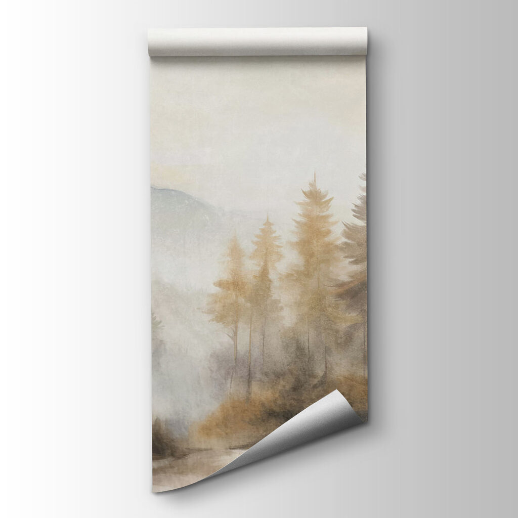 Painting of trees in a foggy forest