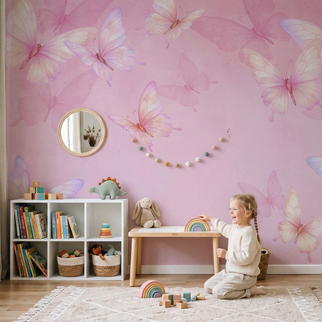 Pink background with butterflies