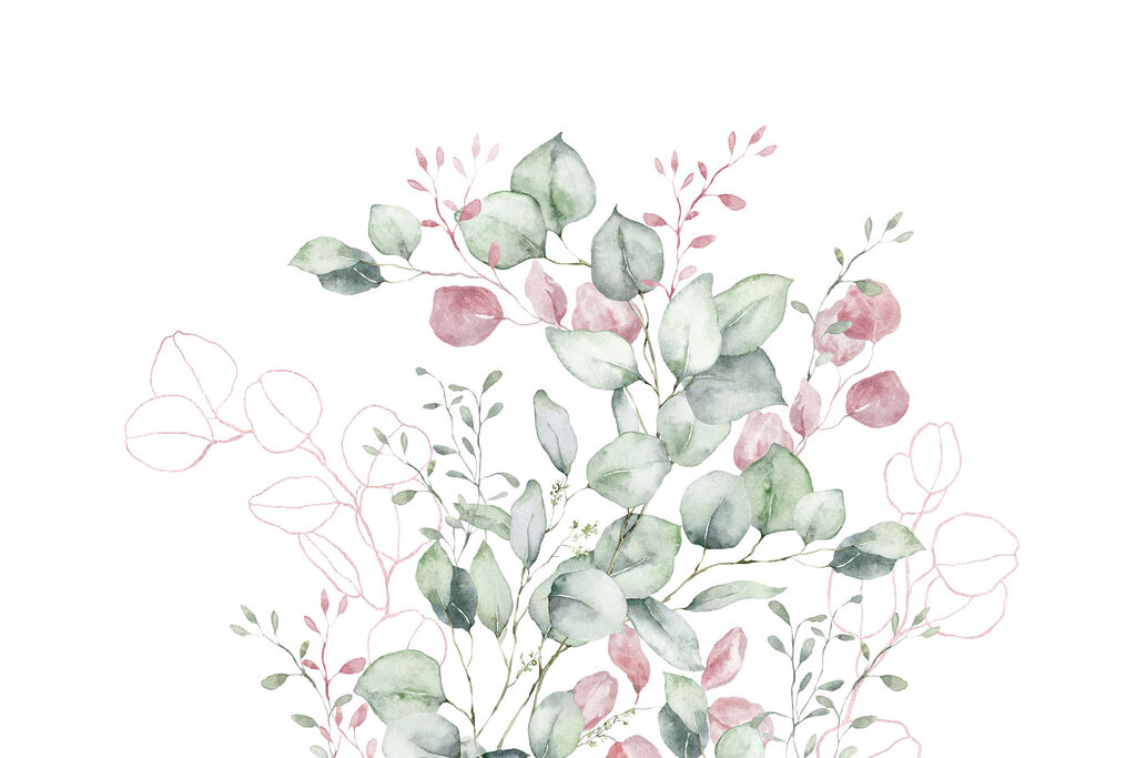 Watercolor painting of green and pink leaves