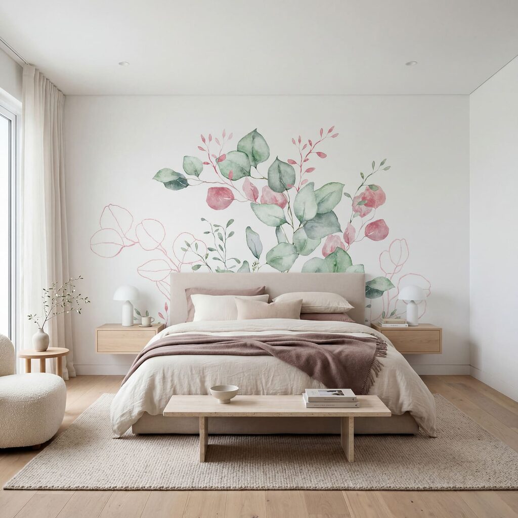 Watercolor painting of green and pink leaves