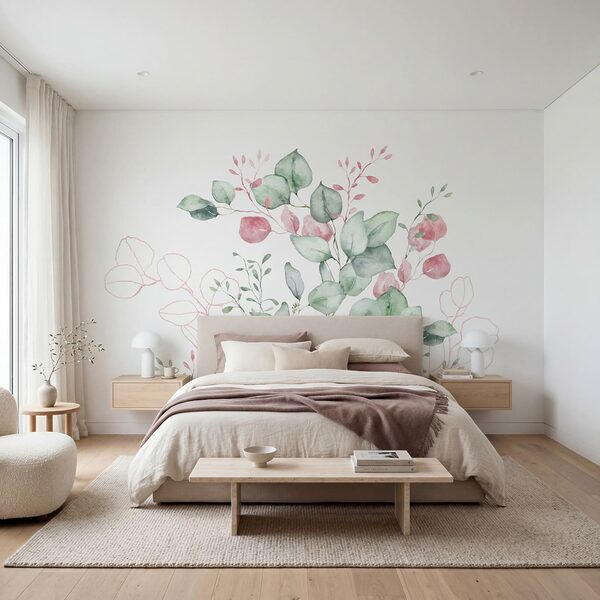 Watercolor painting of green and pink leaves