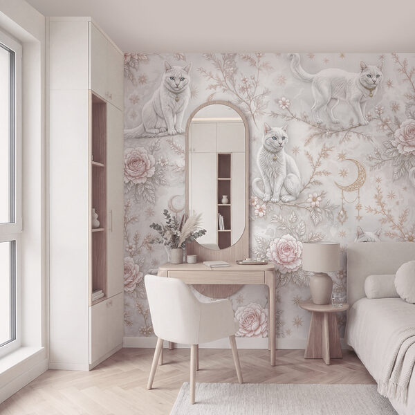 Wallpaper with white cats and flowers Wallpaper with white cats and flowers