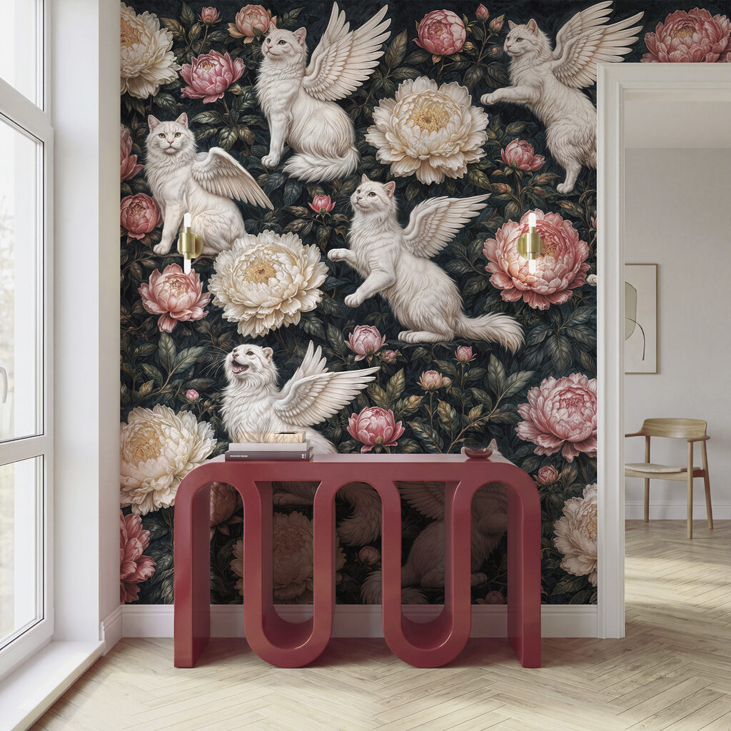 Group of white cats with wings and flowers Group of white cats with wings and flowers