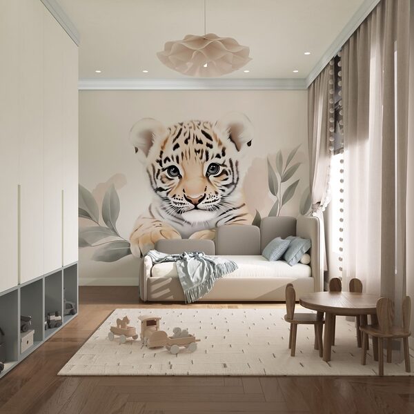 Tiger cub with leaves