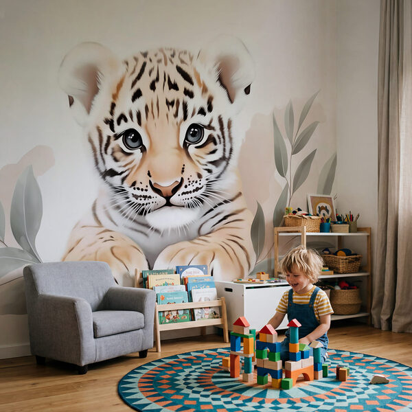 Tiger cub with leaves