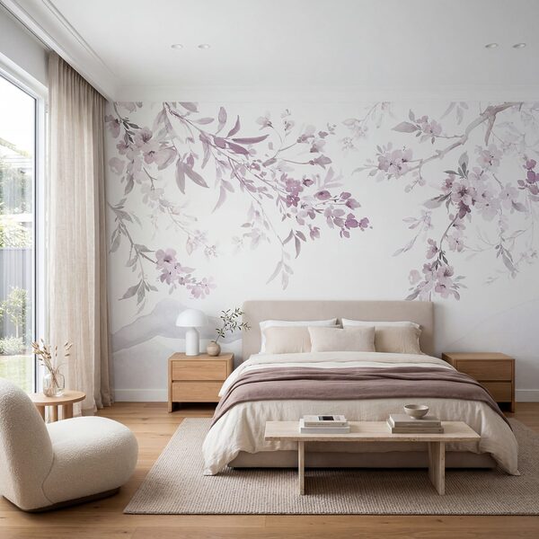 Painting of a tree branch with purple flowers Painting of a tree branch with purple flowers