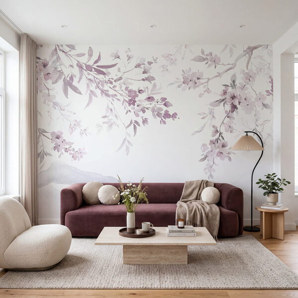Painting of a tree branch with purple flowers Painting of a tree branch with purple flowers