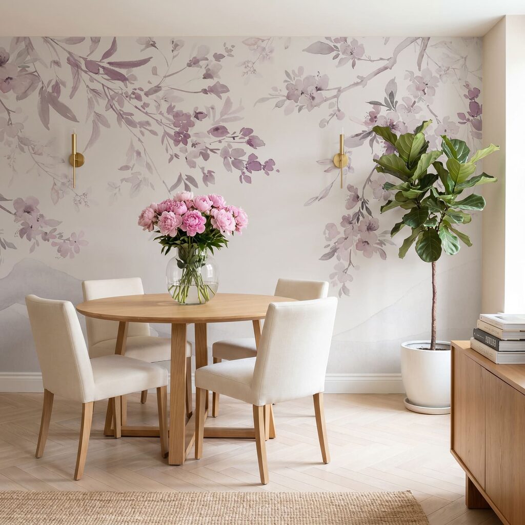 Painting of a tree branch with purple flowers Painting of a tree branch with purple flowers