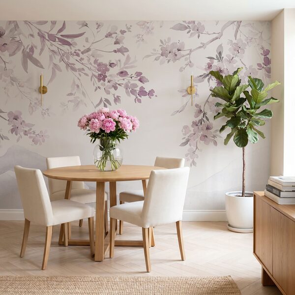 Painting of a tree branch with purple flowers Painting of a tree branch with purple flowers