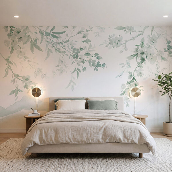 Painting of a tree branch with white flowers Painting of a tree branch with white flowers