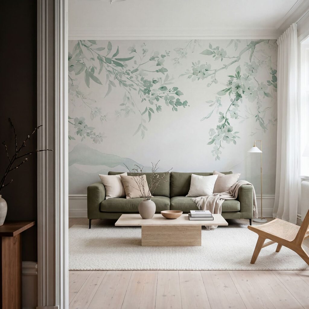 Painting of a tree branch with white flowers Painting of a tree branch with white flowers