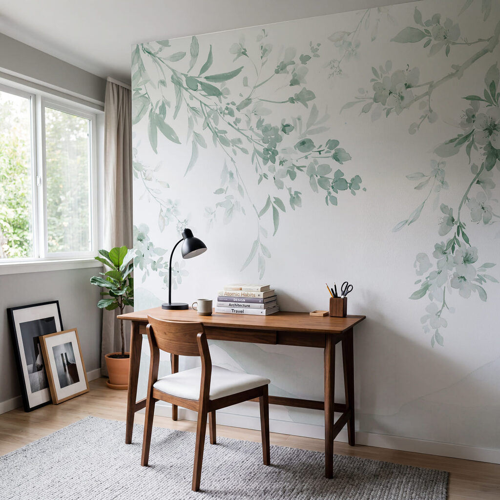 Painting of a tree branch with white flowers Painting of a tree branch with white flowers
