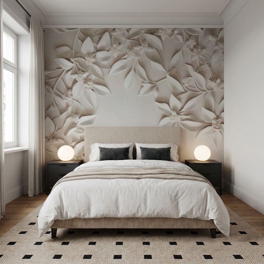 White wall with white flowers and leaves