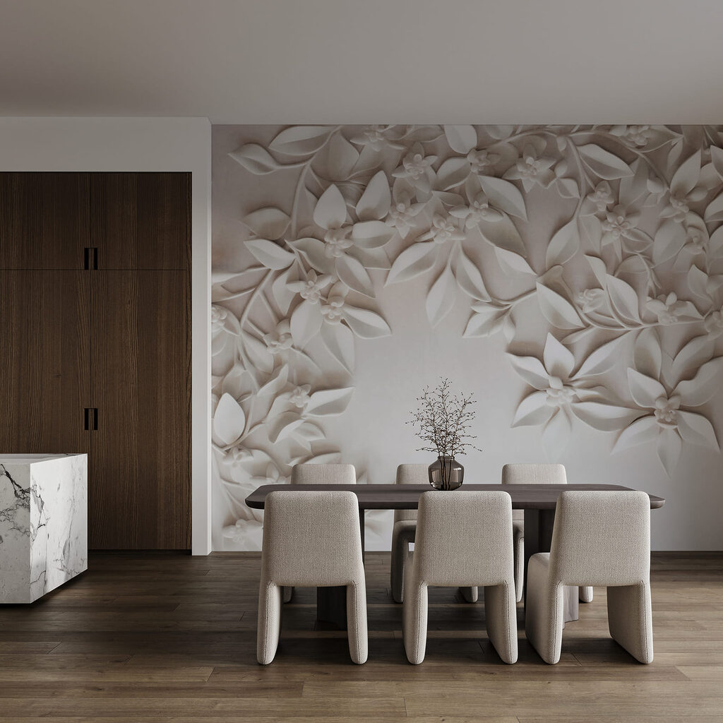 White wall with white flowers and leaves