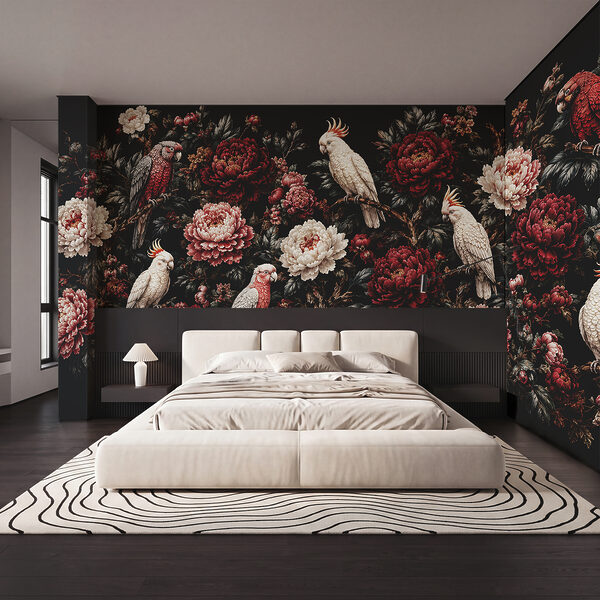 Painting of birds on a branch with flowers
