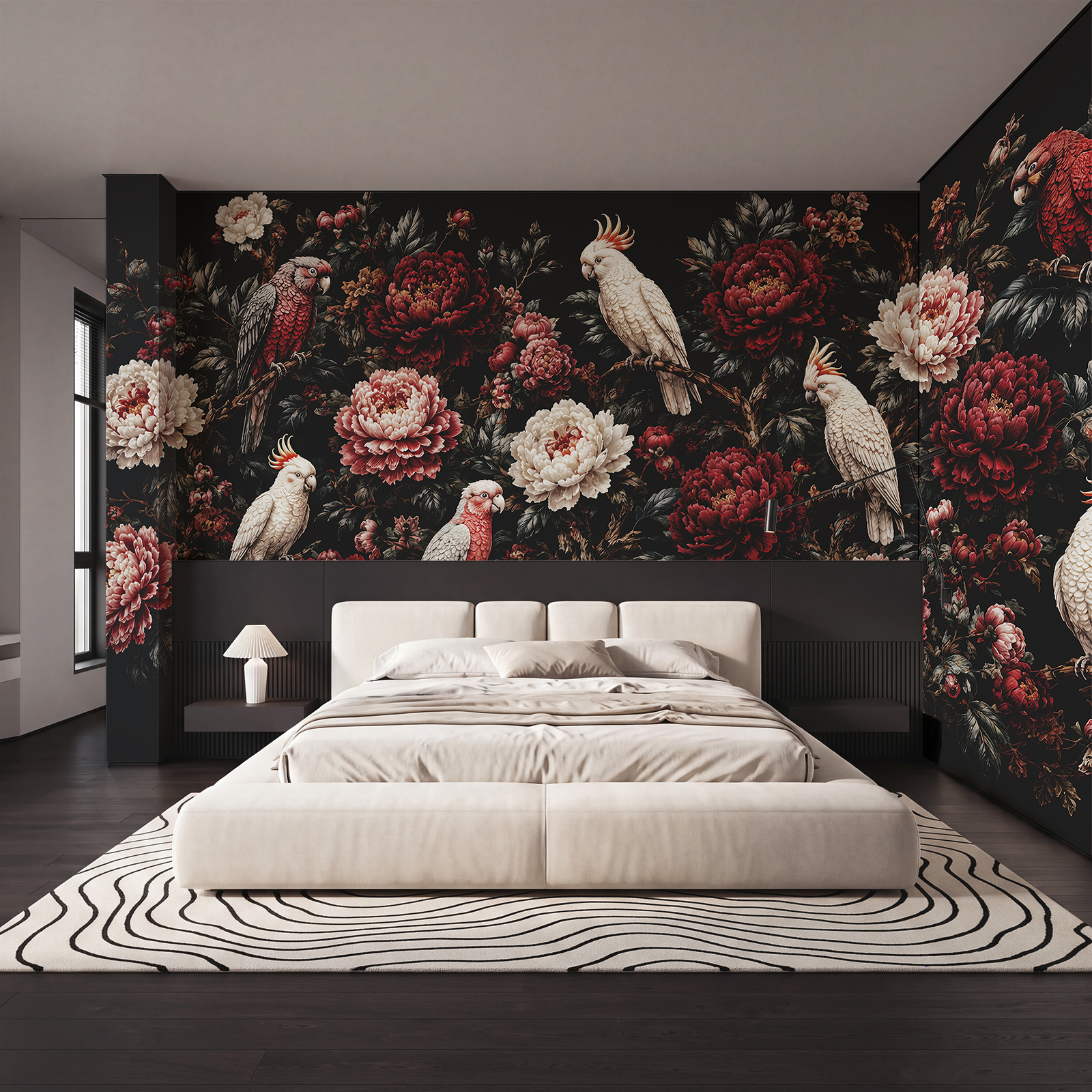 Painting of birds on a branch with flowers