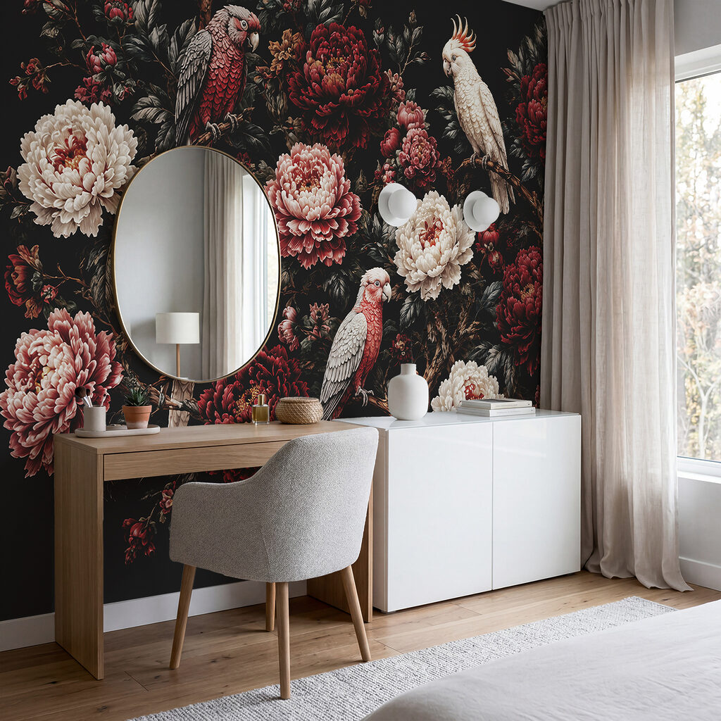 Painting of birds on a branch with flowers