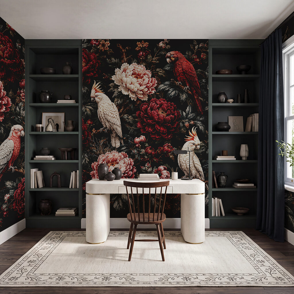 Painting of birds on a branch with flowers